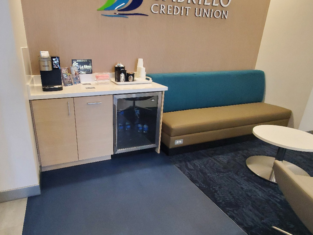 Refreshment counter at a bank customer lounge.