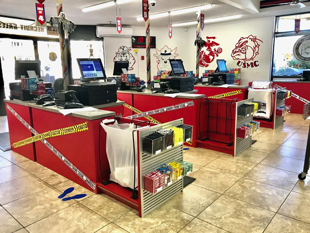 Bright red checkout stands at the USMC commissary.