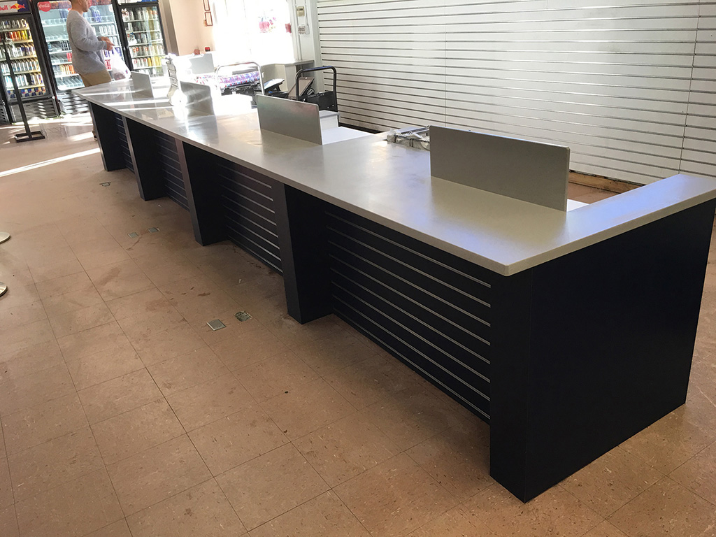 Silver and blue checkout counter at MCAS Miramar.